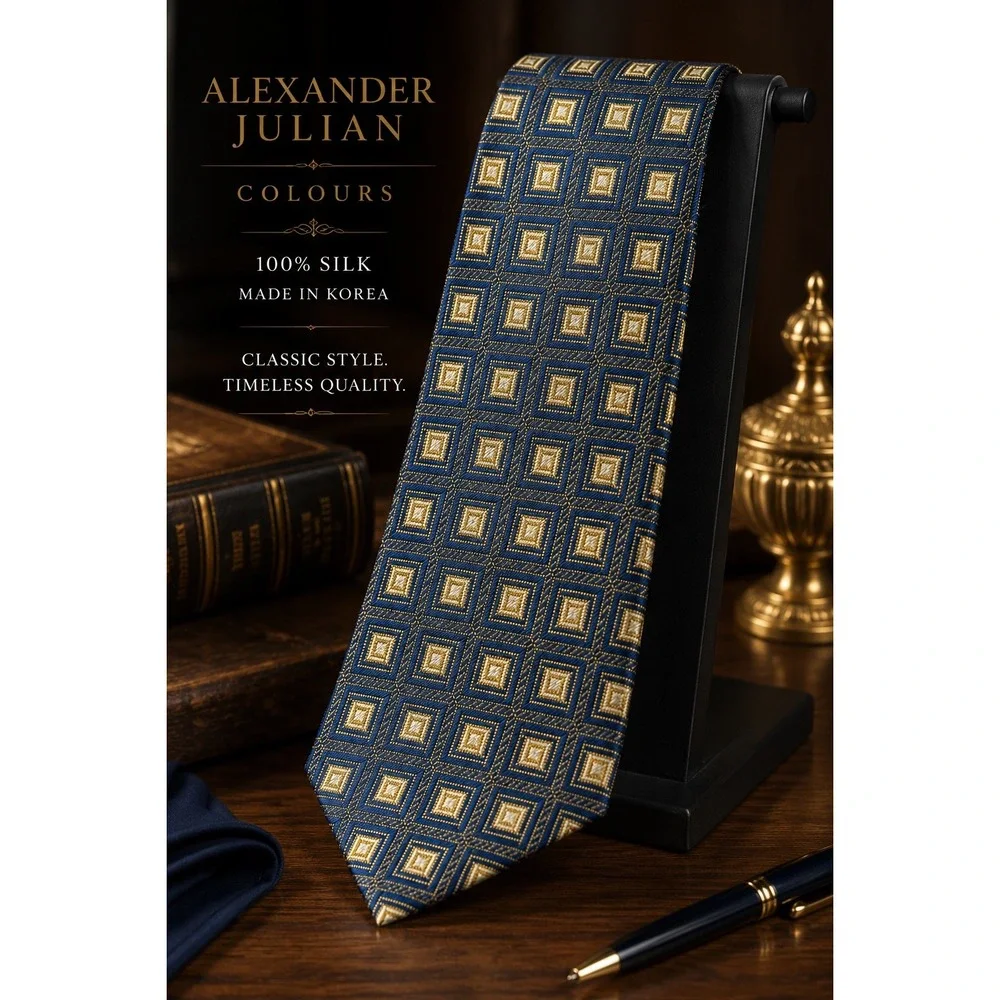Alexander Julian Colours 100% Silk Necktie Blue Gold Geometric Square Pattern